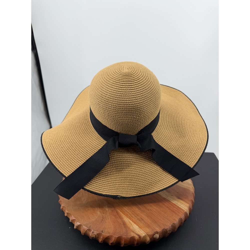 FURTALK Wide Brim Straw Sun Hat Women M/L Tan Black Ribbon Bow Floppy Beach Hat